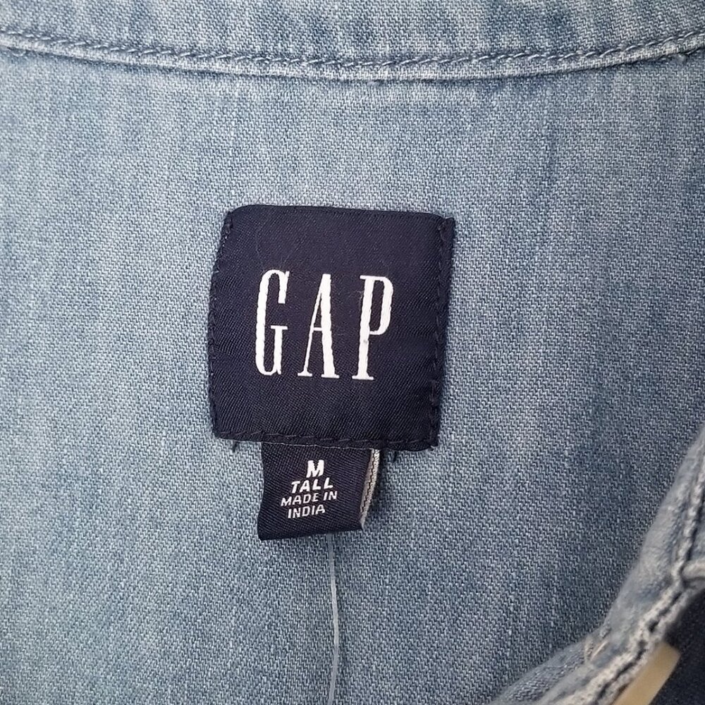 NEW Gap Puff Sleeve Denim Mini Shirtdress M Tall Long Chambray Tiered Boho $80 - Picture 7 of 15
